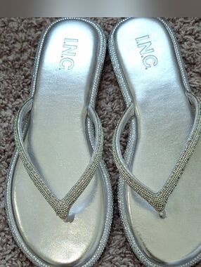 INC International Concepts Silver Rhinestone Thong Sandals Size 6M